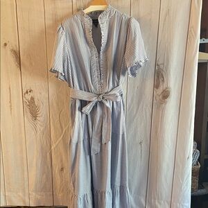 Clover and Sloane Striped Blue and White Women's Dress Ruffles Plus 20W Tiered